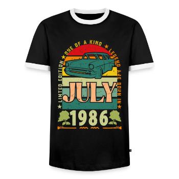 July 1986 birthday gift. July 1986. - Men's Ringer Shirt - black/white - Front - AI Model Female 172 light (172cm) & AI Model Male 178 light (178cm)