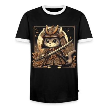 Japanische Samurai -Katzenkrieger Retro Ninja - Männer Kontrast-T-Shirt - Schwarz/Weiß - Vorne - AI Model Female 172 light (172cm) & AI Model Male 178 light (178cm)