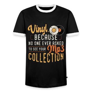 Vinyle parce que personne n’a jamais demandé à un collectionneur de disques - T-shirt contrasté Homme - noir/blanc - Devant - AI Model Female 172 light (172cm) & AI Model Male 178 light (178cm)