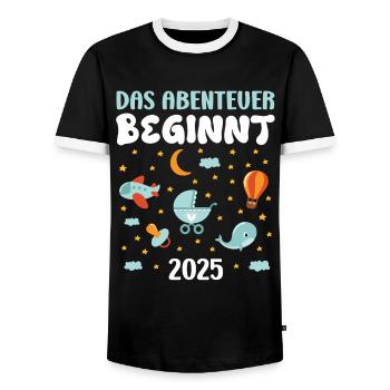 Expectant mom THE ADVENTURE BEGINS IN 2025 IN THE FUTURE - Men's Ringer Shirt - black/white - Front - AI Model Female 172 light (172cm) & AI Model Male 178 light (178cm)