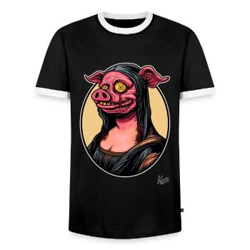 The portrait of Mona, the zombie pig Lisa - Men's Ringer Shirt - black/white - Front - AI Model Female 172 light (172cm) & AI Model Male 178 light (178cm)