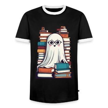 Book Lover Style Reading Halloween Ghost - Men's Ringer Shirt - black/white - Front - AI Model Female 172 light (172cm) & AI Model Male 178 light (178cm)