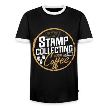 La collection de timbres avant l’amateur de café de carte postale - T-shirt contrasté Homme - noir/blanc - Devant - AI Model Female 172 light (172cm) & AI Model Male 178 light (178cm)