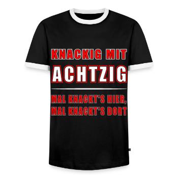 80. GEBURTSTAG 1944 KNACKIGE 80 - Männer Kontrast-T-Shirt - Schwarz/Weiß - Vorne - AI Model Female 172 light (172cm) & AI Model Male 178 light (178cm)
