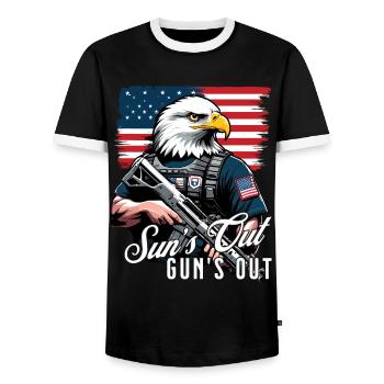 The sun is out, the gun is out July 4 - Men's Ringer Shirt - black/white - Front - AI Model Female 172 light (172cm) & AI Model Male 178 light (178cm)