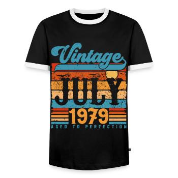 Juillet 1979, Cadeau Anniversaire juillet 1979. - T-shirt contrasté Homme - noir/blanc - Devant - AI Model Female 172 light (172cm) & AI Model Male 178 light (178cm)