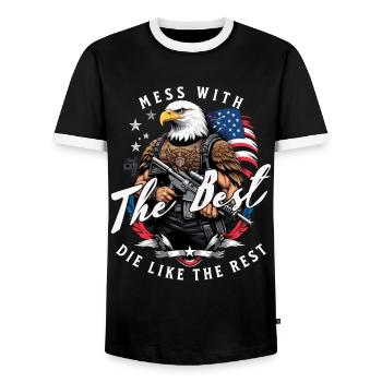 Mess With Best Funny Freedom Design July 4 - Men's Ringer Shirt - black/white - Front - AI Model Female 172 light (172cm) & AI Model Male 178 light (178cm)