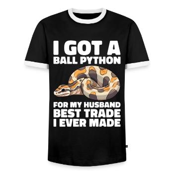 Banana Ball Python Herpetologist Coral Ball - Men's Ringer Shirt - black/white - Front - AI Model Female 172 light (172cm) & AI Model Male 178 light (178cm)