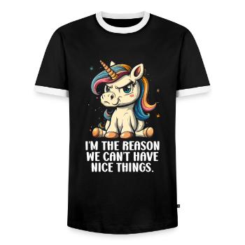 I'm The Reason We Can't Have Nice Things. - Men's Ringer Shirt - black/white - Front - AI Model Female 172 light (172cm) & AI Model Male 178 light (178cm)