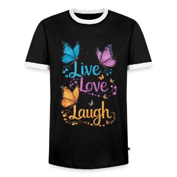 Inspirierender Live Love Laugh Schmetterling - Männer Kontrast-T-Shirt - Schwarz/Weiß - Vorne - AI Model Female 172 light (172cm) & AI Model Male 178 light (178cm)