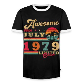 Born in July 1979 Born in July 1979 Born in July 1979 - Men's Ringer Shirt - black/white - Front - AI Model Female 172 light (172cm) & AI Model Male 178 light (178cm)