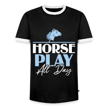 Horse Play All Day - Hobby Horse Steckenpferd - Men's Ringer Shirt - black/white - Front - AI Model Female 172 light (172cm) & AI Model Male 178 light (178cm)