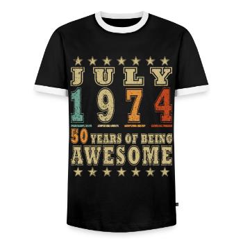Jahrgang Juli 1974 Geburtstag Juli 1974 - Männer Kontrast-T-Shirt - Schwarz/Weiß - Vorne - AI Model Female 172 light (172cm) & AI Model Male 178 light (178cm)