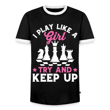 Lustiger Schachspieler Ich spiele wie ein Mädchen - Männer Kontrast-T-Shirt - Schwarz/Weiß - Vorne - AI Model Female 172 light (172cm) & AI Model Male 178 light (178cm)