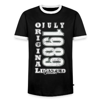July 1989 Birthday July 1989 Original 1989 July - Men's Ringer Shirt - black/white - Front - AI Model Female 172 light (172cm) & AI Model Male 178 light (178cm)