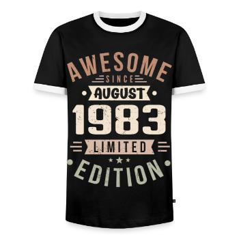 August 1983 Birthday in August 1983 Vintage 1983 - Men's Ringer Shirt - black/white - Front - AI Model Female 172 light (172cm) & AI Model Male 178 light (178cm)