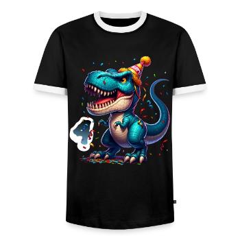 4th Birthday T Rex Dinosaur Children's Birthday Party - Men's Ringer Shirt - black/white - Front - AI Model Female 172 light (172cm) & AI Model Male 178 light (178cm)