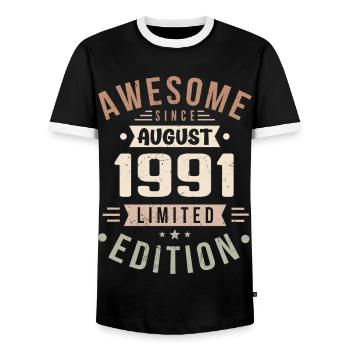 Août 1991 Anniversaire en Août 1991 Millésime 1991 - T-shirt contrasté Homme - noir/blanc - Devant - AI Model Female 172 light (172cm) & AI Model Male 178 light (178cm)