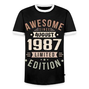 Août 1987 Anniversaire en Août 1987 Millésime 1987 - T-shirt contrasté Homme - noir/blanc - Devant - AI Model Female 172 light (172cm) & AI Model Male 178 light (178cm)