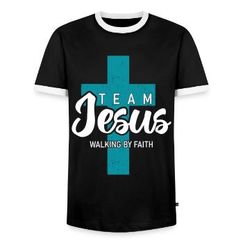Team Jesus – Walking By Faith for Christians - Men's Ringer Shirt - black/white - Front - AI Model Female 172 light (172cm) & AI Model Male 178 light (178cm)