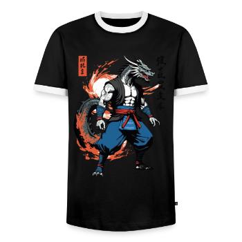 Dragon Samurai Vintage Ukiyo-e Style Artwork - Men's Ringer Shirt - black/white - Front - AI Model Female 172 light (172cm) & AI Model Male 178 light (178cm)