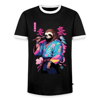 Samurai Sloth Aesthetic Vaporwave Style Art - Men's Ringer Shirt - black/white - Front - AI Model Female 172 light (172cm) & AI Model Male 178 light (178cm)