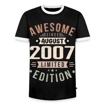 August 2007 Birthday in August 2007 Vintage 2007 - Men's Ringer Shirt - black/white - Front - AI Model Female 172 light (172cm) & AI Model Male 178 light (178cm)