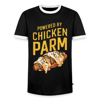 Propulsé par le poulet Parm - Hähnchen Parmigiana - T-shirt contrasté Homme - noir/blanc - Devant - AI Model Female 172 light (172cm) & AI Model Male 178 light (178cm)