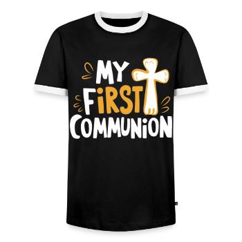 My First Communion Solemn Design - Men's Ringer Shirt - black/white - Front - AI Model Female 172 light (172cm) & AI Model Male 178 light (178cm)