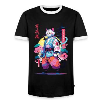Samurai Katze Vaporwave Aesthetic - Männer Kontrast-T-Shirt - Schwarz/Weiß - Vorne - AI Model Female 172 light (172cm) & AI Model Male 178 light (178cm)