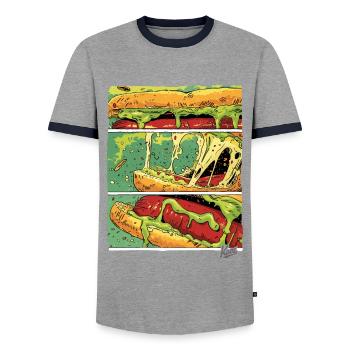 Planches BD : Saucisse monstre au fromage dans un petit pain - T-shirt contrasté Homme - gris/marine  - Devant - AI Model Female 172 light (172cm) & AI Model Male 178 light (178cm)