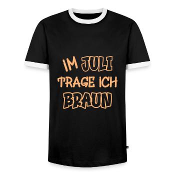 In July I wear brown saying color brown - Men's Ringer Shirt - black/white - Front - AI Model Female 172 light (172cm) & AI Model Male 178 light (178cm)