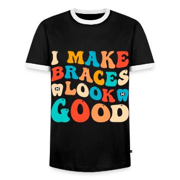 Funny braces saying - Men's Ringer Shirt - black/white - Front - AI Model Female 172 light (172cm) & AI Model Male 178 light (178cm)