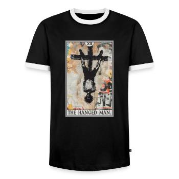 Carte de tarot Carte de tarot Le pendu - T-shirt contrasté Homme - noir/blanc - Devant - AI Model Female 172 light (172cm) & AI Model Male 178 light (178cm)