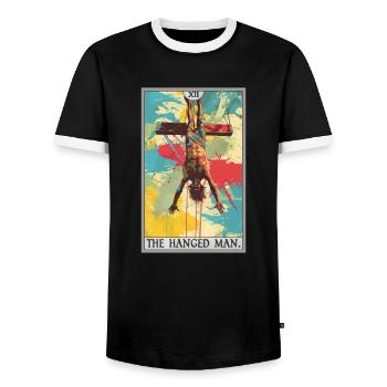 Carte de tarot Carte de tarot Le pendu - T-shirt contrasté Homme - noir/blanc - Devant - AI Model Female 172 light (172cm) & AI Model Male 178 light (178cm)
