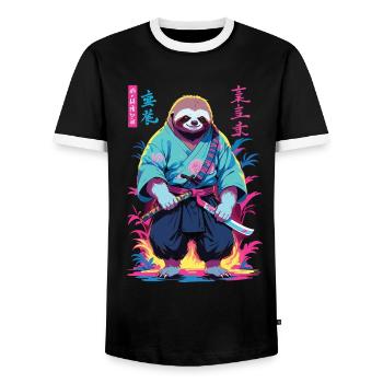 Samurai Sloth Aesthetic Vaporwave Style - Men's Ringer Shirt - black/white - Front - AI Model Female 172 light (172cm) & AI Model Male 178 light (178cm)