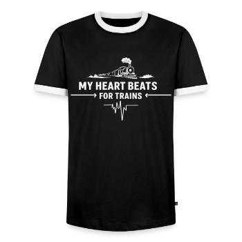 My heart beats for trains - Trainspotter - Men's Ringer Shirt - black/white - Front - AI Model Female 172 light (172cm) & AI Model Male 178 light (178cm)