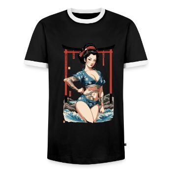 Kunoichi Ninja Geisha Samurai Artwork Japan Style - Men's Ringer Shirt - black/white - Front - AI Model Female 172 light (172cm) & AI Model Male 178 light (178cm)