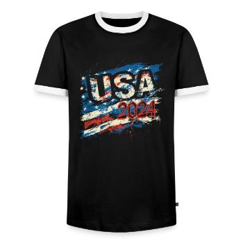 United States 2024 Election American Flag Graffiti - Men's Ringer Shirt - black/white - Front - AI Model Female 172 light (172cm) & AI Model Male 178 light (178cm)