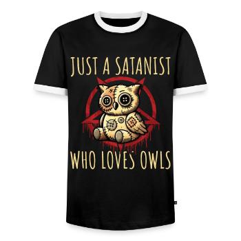 Just A Satanist Who Loves Owls Heavy Metal Fun - Men's Ringer Shirt - black/white - Front - AI Model Female 172 light (172cm) & AI Model Male 178 light (178cm)