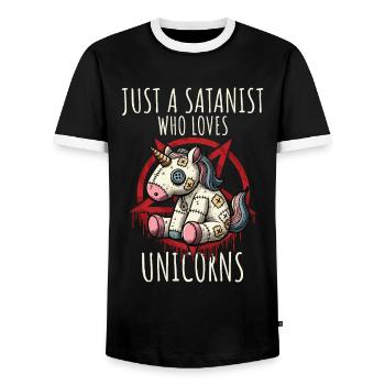 Just A Satanist Who Loves Unicorns Heavy Metal Fun - Men's Ringer Shirt - black/white - Front - AI Model Female 172 light (172cm) & AI Model Male 178 light (178cm)