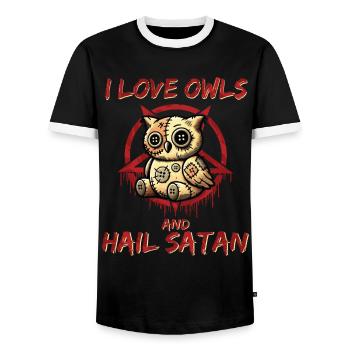 I Love Owls And Hail Satan Gothic Heavy Metal Fun - Men's Ringer Shirt - black/white - Front - AI Model Female 172 light (172cm) & AI Model Male 178 light (178cm)