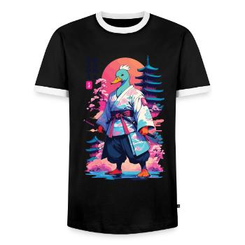 Samurai Duck in Aesthetic Vaporwave Style - Men's Ringer Shirt - black/white - Front - AI Model Female 172 light (172cm) & AI Model Male 178 light (178cm)