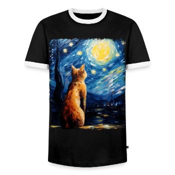 Abyssinian Orange Cat Starry Night Painting - Men's Ringer Shirt - black/white - Front - AI Model Female 172 light (172cm) & AI Model Male 178 light (178cm)