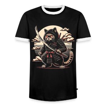 Ninja Katze Japanisch Samurai Japan Kawaii Krieger - Männer Kontrast-T-Shirt - Schwarz/Weiß - Vorne - AI Model Female 172 light (172cm) & AI Model Male 178 light (178cm)