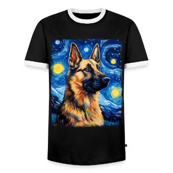 German Shepherd Starry Night Painting - Men's Ringer Shirt - black/white - Front - AI Model Female 172 light (172cm) & AI Model Male 178 light (178cm)