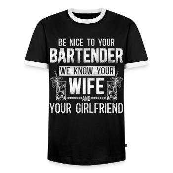 Bartender Mixologist Be Nice To - Männer Kontrast-T-Shirt - Schwarz/Weiß - Vorne - AI Model Female 172 light (172cm) & AI Model Male 178 light (178cm)
