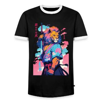 Samurai Löwe Aesthetic Vaporwave Stil - Männer Kontrast-T-Shirt - Schwarz/Weiß - Vorne - AI Model Female 172 light (172cm) & AI Model Male 178 light (178cm)