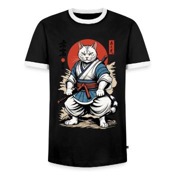 Samurai Cat Vintage Ukiyo-E Japanese Design - Men's Ringer Shirt - black/white - Front - AI Model Female 172 light (172cm) & AI Model Male 178 light (178cm)
