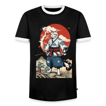 Samurai Cat Vintage Ukiyo-E Japanese - Men's Ringer Shirt - black/white - Front - AI Model Female 172 light (172cm) & AI Model Male 178 light (178cm)